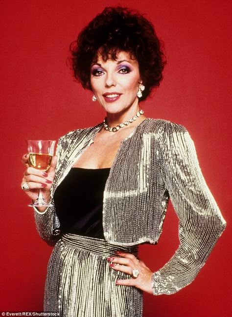 Megastar: Joan hit the big time in the highly acclaimed Aaron Spelling soap, Dynasty, in which she played the role of Alexis Carrington Colby, the vicious, vengeful ex-wife of patriarch Blake Carrington 80s Glamour, Meme Happy, Denver Clan, Alexis Carrington, Drinking Champagne, Dame Joan Collins, Linda Evans, Happy Eating, Decades Of Fashion