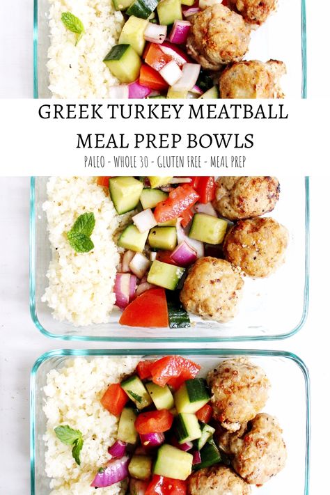 These meal prep bowls have all the components for a delicious and healthy lunch. Tender meatballs, a refreshing cucumber salad and fluffy cauliflower rice! #mealprep #paleo #whole30 #keto #healthy via @ Turkey Meatball Meal Prep, Greek Turkey Meatballs, Gluten Free Meal Prep, Tender Meatballs, Keto Healthy, Whole30 Keto, Prep Bowls, Paleo Lunch, Meal Prep Bowls