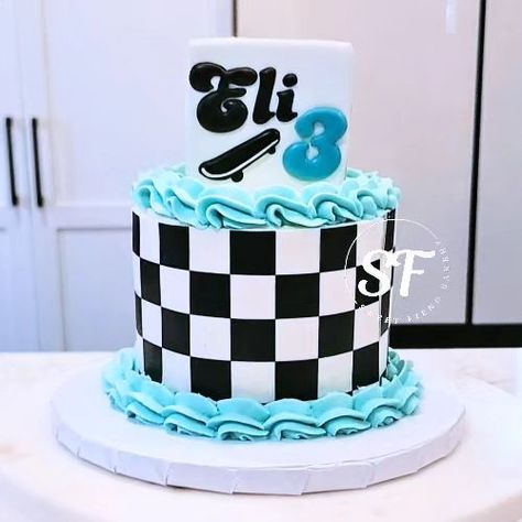 🛹 Happy 3rd Birthday, Eli 🛹 This mama had a small cake request for her little one turning 3! I hope Eli had a great birthday weekend!! Thank you so much, Isabella! 🤗 #sweetfiendbakery#sweetfiend#customcookies#customdesserts#sugarcookies#sandiegocustomcookies#northcountycustomcookies#northcountycustomdesserts#escondidocookies#escondidocustomcookies#sanmarcoscustomcookies#vistacustomcookies#oceansidecustomcookies#fallbrookcustomcookies#delmarcustomcookies#Carlsbadcustomcookies#encinitascu... Black And White Checkered Cake, Checkered Cake, Happy 3rd Birthday, Birthday Weekend, Blue Checkered, Small Cake, Boys Birthday, Boy Birthday Party, Boy Birthday Parties