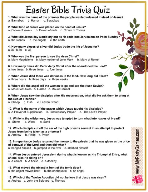 Christian Easter Trivia Questions And Answers, Christian Easter Games For Adults, Easter Bible Trivia Games Free Printable, Easter Bible Trivia Questions And Answers, Easter Questions And Answers, Youth Easter Lesson, Easter Youth Group Lessons, Easter Quiz With Answers, Easter Trivia For Kids