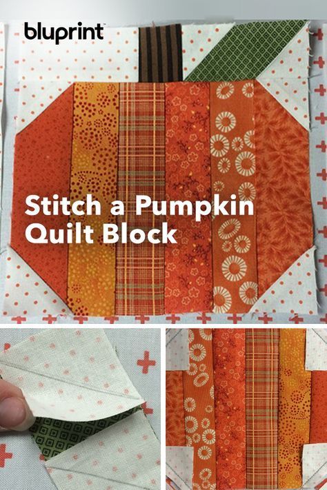 Stitch a Pumpkin Quilt Block for Fall! Bring our your scrappy stash and make a pumpkin quilt block using strips! This autumn stitching project comes together in a snap + pairs perfect with a warm mug of apple cider. #mybluprint #cozyquilt #quiltinspiration #quiltpatterns #quilttutorials #pumpkinquilt #fallquilt #autumnquilt #quiltdesigns #festivequilt Quilt Blocks Patterns, Sewing Machine Quilt Block, Quilt Block Patterns Easy, Pumpkin Quilt Block, Paper Piecing Patterns Free, Pumpkin Quilt Pattern, Pumpkin Quilt, Wonky Star, Tree Quilt Block