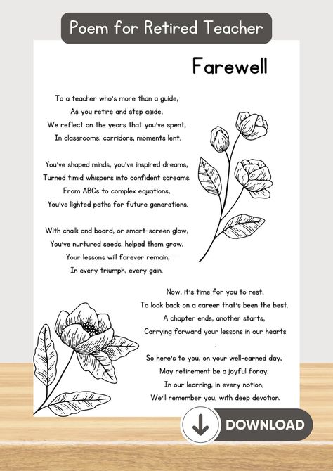 This Digital Drawings & Illustrations item by NonzDesigns has 5 favorites from Etsy shoppers. Ships from United States. Listed on May 23, 2024 Retirement Poems For Teachers, Teacher Retirement Quotes, Farewell Poems, Retirement Poems, Retirement Messages, Teacher Poems, Teacher Wall, Teacher Career, Retirement Wishes