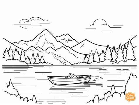 illustration of Colorful lakeside moments Simple Landscape Coloring Pages, Lake Drawings Easy, Lake Coloring Pages, Lake Sketch, Drawing Calendar, Lake Drawing, Easy Nature Drawings, Lake Illustration, Camping Drawing