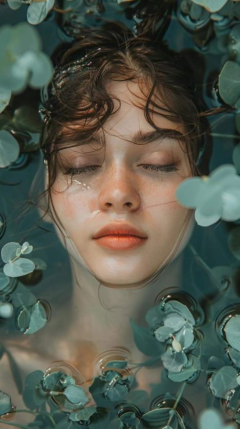 Faces In Water, Rainbow Skin Drawing, People In Water Photography, Woman Lying In Water, Hair Under Water Drawing Reference, Face In Water Reference, Woman In Water Reference, Vintage Reference Photos, Art Inspo Photography