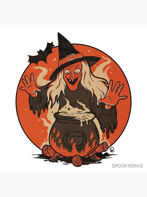 "Vintage Halloween Witch With Cauldron" Art Board Print by SPOOKYSWAG | Redbubble Witches With Cauldron, Vintage Witch Tattoo, Witch Poster, Halloween Witch Drawing, Retro Witch Art, Witch And Cauldron Drawing, Vintage Halloween Art Witches, Witch With Cauldron Drawing, Retro Halloween Art