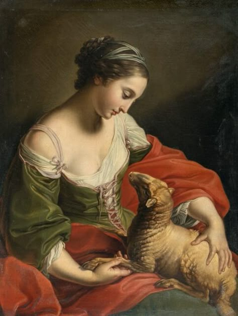 This artwork features a young woman gently holding a lamb in her arms. She is dressed in a flowing, elegant gown with rich colors. Her head is slightly bowed, and she gazes lovingly at the lamb, creating a sense of calm and tenderness. The painting uses soft, natural light to highlight the woman's serene expression and the lamb's gentle nature, emphasizing themes of gentleness and tranquility.