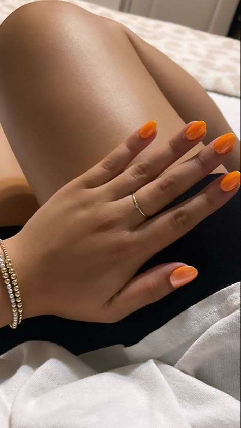 Orange Nail Aesthetic, Tangerine Orange Nails, Dip Powder Nails Orange, Classy Orange Nails, Sarah Cameron Nails, Pale Orange Nails, Orange Dip Nails, Orange Prom Nails, Vibey Nails