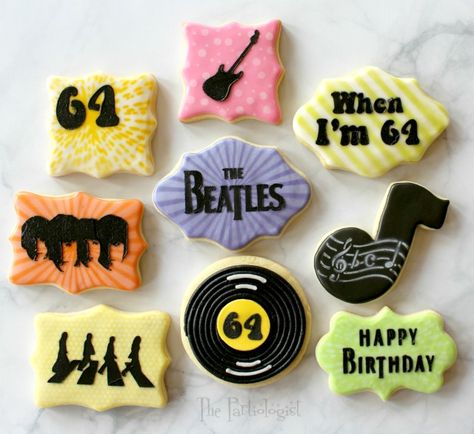 The Partiologist: The Beatles Themed Cookies! The Beatles Cookies Decorated, Beatles Cookies Decorated, Beatles Cookies, 70th Birthday Party Ideas For Mom, Beatles Cake, Beatles Themed Party, Beatles Birthday Party, Beatles Birthday, Beatles Party