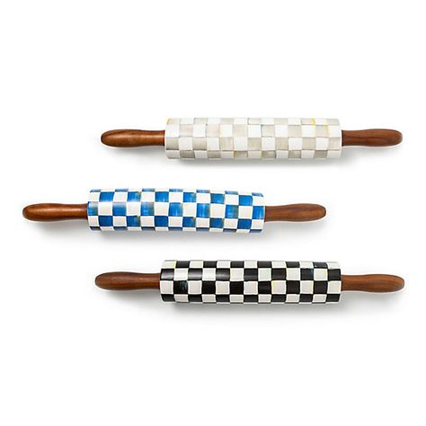 Add MacKenzie-Childs style to a kitchen staple with the Sterling Check(R) Rolling Pin. It features grey checks hand-applied to a ceramic center, set off with wood handles. | Sterling Check Rolling Pin Cute Kitchen Accessories, Checkered Kitchen, Fun Kitchen Decor, Quirky Kitchen Decor, Kitchen Plates, Courtly Check, Wood Handles, Cute Kitchen, First Apartment