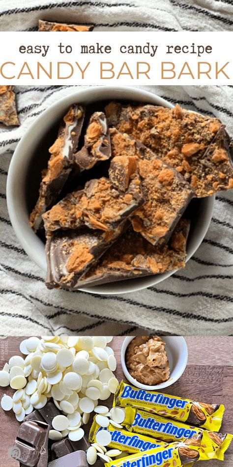 Butterfinger Candy Bark Recipe using 4 ingredients. Easy homemade candy recipe. Homemade holiday gift ideas from the kitchen. Almond bark candy recipes found on Today's Creative Life. Butterfinger Bark Recipe, White Almond Bark Recipes Christmas, Barks Chocolate, Bark Candy Recipes, Butterfinger Bark, Almond Bark Candy, Homemade Holiday Gift Ideas, Easy Homemade Candy, Candy Bark Recipes