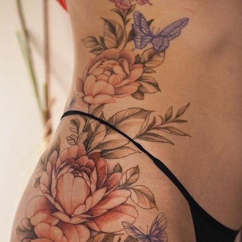 Coloured Back Tattoo Women, Colourful Back Tattoos Women, Lotus Belly Tattoo, Floral Hip Piece, Beautiful Side Tattoos, Stomach Tattoo Flowers, Flower Hip Tattoo Thigh Piece, Floral Hip Tattoo Thigh Piece, Ribcage Flower Tattoo