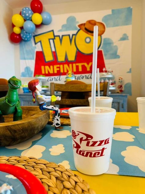 Pizza Planet Party Cups, Toy Story Themed Birthday Party, Pizza Planet Party Decor, Kids Party Cups, Two Infinity & Beyond Birthday - Etsy Forky Themed Birthday Party, Small Toy Story Party, Third Party Themes, 2 Infinity And Beyond Centerpiece, You’ve Got A Friend In Three Birthday, Pixar Themed Party, Toy Story Party Favors Ideas, Toy Story Balloon Centerpieces, Two Story Birthday Party