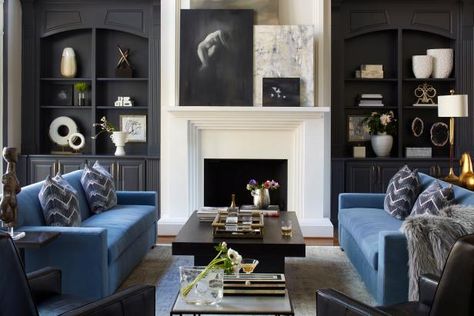 Go ahead; cross over to the dark side of design. From charcoal gray to navy blue to chocolate brown, get inspired to use these moody colors in your home. Interior Atmosphere, Taupe Walls, Rooms Decor, Bookcase Design, Shelving Design, Living Room Update, Simple Living Room, Built In Bookcase, Beautiful Spaces