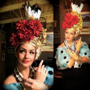 A homemade Carmen Miranda costume Cuban Dresses, Tropical Costume, Carmen Miranda Costume, Mary Poppins Costume, Eve Costume, Perfect Halloween Costume, Purim Costumes, Clever Costumes, Candy Costumes