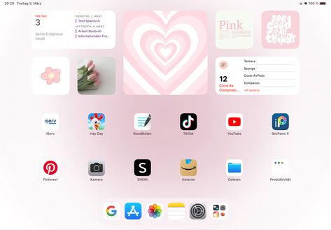 Ipad Inspiration Homescreen, Ipad Picture, Ipad Setup, Ipad Layout, Ipad Lockscreen, Homescreen Idea, Pink Wallpaper Ipad, Ipad Organizer, Pink Ipad