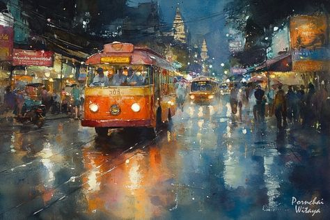 Watercolor Art Night, Nighttime Watercolor, Street Light Watercolor Painting, Night Time City Painting, Night Watercolor, Water Colour, Night Time, Bangkok, Water