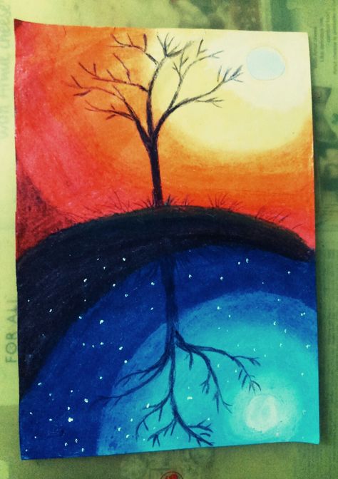 Day vs Night landscape with oil pastels,created by-Designed by Koyel on YouTube Day Vs Night Art, Day And Night Painting Easy, Day And Night Drawing, Day And Night Painting, Colorful Sketches, Day Vs Night, Day And Nite, Soft Pastel Art, Easy Canvas