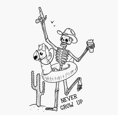 Vacation Skeleton Tattoo, Western Skeleton Drawing, Cowboy Skeleton Tattoo Simple, Funky Skeleton Tattoo, Skeleton Cowboy Hat Tattoo, Dancing Cowboy Skeleton Tattoo, Western Cowboy Skeleton Tattoo, Funny Western Tattoos, Fun Skeleton Tattoo