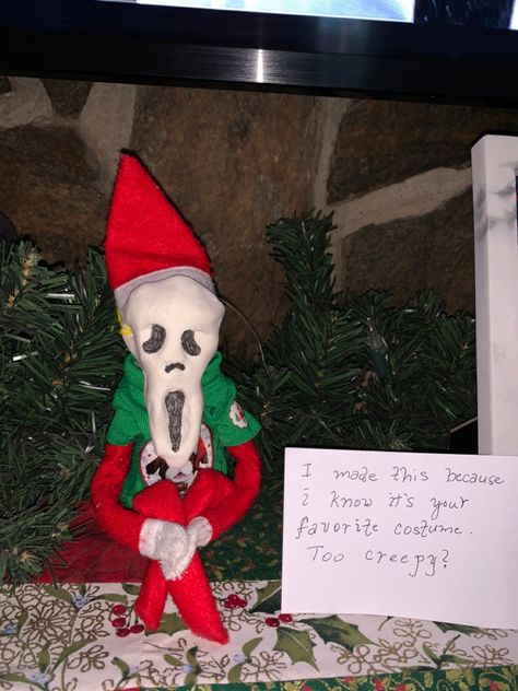 Elf on the Shelf- Halloween style! Elf On The Shelf Horror Ideas, Creepy Elf On The Shelf, Elf On The Shelf Nightmare Before Christmas, Halloween Elf On The Shelf, Evil Elf On The Shelf, Scream Mask, Scared Of The Dark, Creepy Ghost, Elf Fun