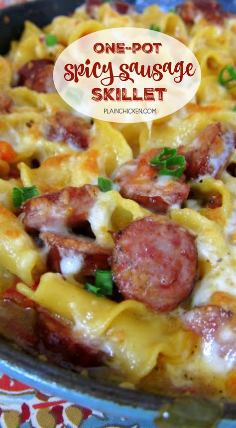 Spicy Sausage Skillet | Plain Chicken® Hillshire Farm Sausage Recipes, Rotel Cheese, Wife Status, Sausage Meals, Plain Chicken Recipe, Easy Sausage Recipes, Smoked Sausages, Gf Pasta, Sausage Skillet