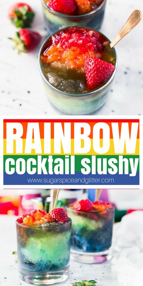 This fresh and fruity RAINBOW cocktail slushy recipe is a fun vodka cocktail to serve for St Patrick's Day or for a special PRIDE cocktail Pride Cocktail Recipes, Pride Cocktails, Alcohol Slushies, Vanilla Vodka Drinks, Pride Food, Nectarine Recipes, Rainbow Cocktail, Drink Making, Pride Party