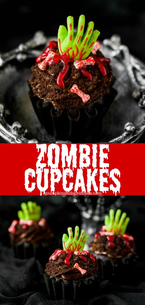 Zombie Cupcakes - chocolate cupcakes topped with chocolate frosting, oreo crumbs, green zombie hand decoration, red icing, and candy bones. Zombie Birthday Party, Zombie Cupcakes, Red Icing, Zombie Food, Green Zombie, Zombie Cake, Cupcake Videos, Zombie Birthday Parties, Hand Decoration