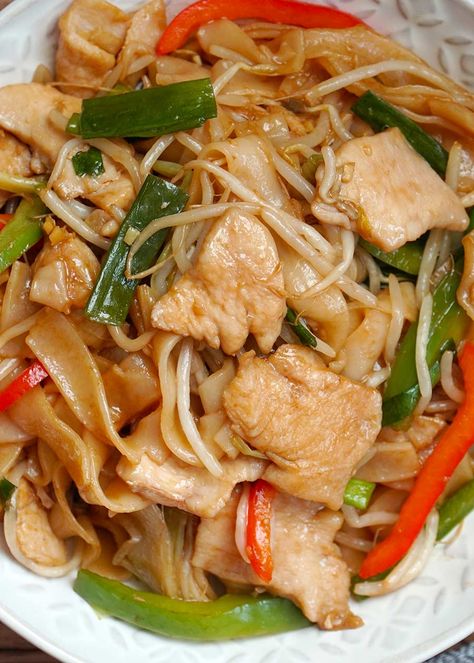 Rice Noodle Stir-Fry (Chicken Chow Fun) - Khin's Kitchen - Noodle Recipes Chicken Chow Fun Recipe, Chicken Chow Fun, Beef Chow Fun Recipe, Chow Fun Noodles, Chow Fun Recipe, Fried Chicken Breast Recipe, Chow Fun, Vietnamese Foods, Rice Noodle Recipes