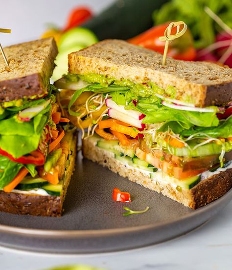 California Veggie Sandwich | Heinen's Grocery Store Sprouts Grocery, Low Sodium Bread, Cabin Food, Veg Sandwich, Crab Rolls, Oat Groats, Sodium Intake, Panini Sandwiches, Cucumber Slices