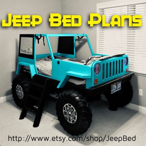 Build your own Jeep Bed following these easy to follow plans! Tractor Bed, Jeep Bed, Bunk Bed Plans, Garage Furniture, Big Kid Bed, Car Bed, Twin Mattress Size, Toddler Beds, Bed Plans