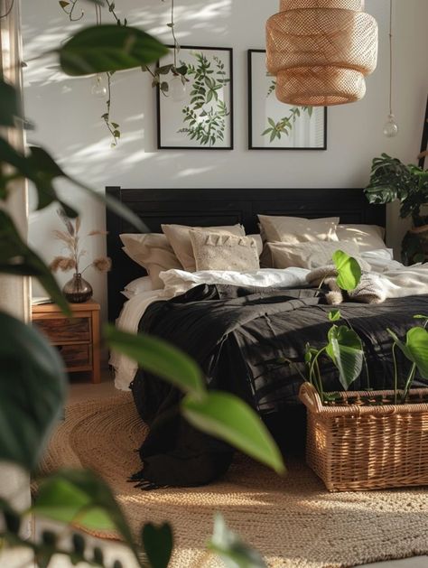 Sophisticated and Sleek: 20 Black Bedroom Decor Ideas – Bedroom Ideas and Inspirations | Magnolia 119 Bedroom Black And Wood Furniture, Room Decor Black Bed Frame, Black Wood Bed Frame Decor, Light Wood Black Accents Bedroom, Green Black Tan Bedroom, Neutral And Black Bedroom Decor, Bedding Ideas Black And White, Bedroom Ideas For Small Rooms Black, Moody Apartment Bedroom