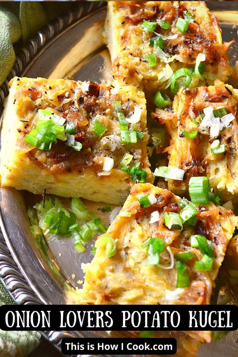 A great potato kugel for onion lovers. Almost like a knish, this Jewish potato kugel is so good! #potatokugelrecipepassover #potatokugeljewish #potato kugel Gluten Free Potato Kugel, Kinish Recipe Potato, Kinish Recipe, Potato Kugel Recipe, Vegan Passover, Baked Pork Ribs, Potato Kugel, Jewish Cuisine, Gluten Free Potatoes