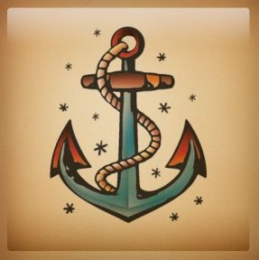 Like the idea of this tattoo with the message in a bottle tattoo overlapping. Color Anchor Tattoo, Anchor Tattoo American Traditional, Old School Tattoo Anchor, Old School Star Tattoo, Traditional Tattoos Anchor, Ship Anchor Tattoo, American Traditional Anchor, Vintage Anchor Tattoo, Sailor Jerry Anchor