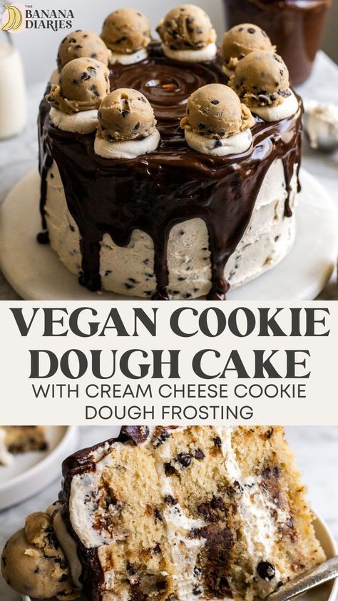 This soft & tender unbelievably vegan cookie dough cake consists of a one bowl MOIST vanilla cake batter that's loaded with dairy free chocolate chips and eggless cookie dough in every bite, and layered with a deliciously rich "cream cheese" cookie dough frosting and chocolate ganache. Decadence in every bite! Cream Cheese Cookie Dough, Healthy Pie, Cream Cheese Cookie, Banana Diaries, Gluten Free Vegan Recipes Desserts, Vegan Dessert Bars, Eggless Cookie, Cookie Dough Frosting, Cookie Dough Cake