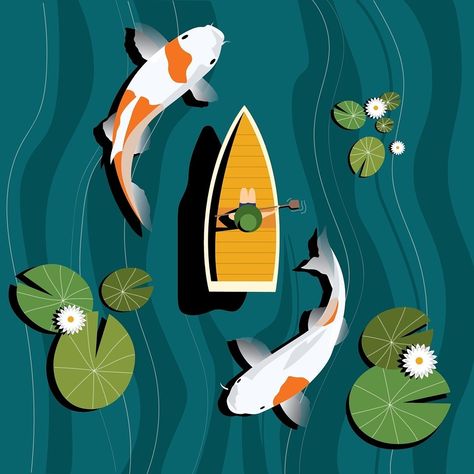 A vector illustration created on illustrator of the top view of a woman on a boat paddling out. She is surrounded by 2 larger than life koi fish circling her Amoung the lily pads and flowers in the lake. Boat Vector Illustration, Boat Top View, Koi Fish Illustration, Top View Illustration, Pond Drawing, Boat Vector, Boat Illustration, Vector Animation, Cartoon Birds