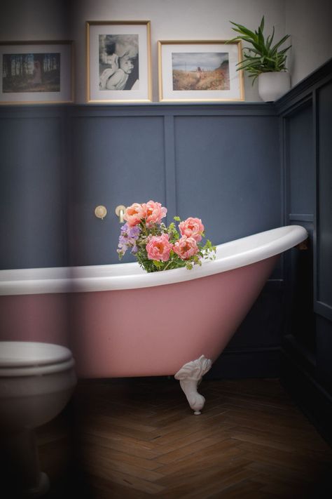 Our bathroom makeover Pink Roll Top Bath, Pink Clawfoot Tub Bathroom, Painted Roll Top Bath, Navy And Pink Bathroom Ideas, Pink Tub Bathroom Ideas, Pink And Navy Bathroom, Pink And Blue Bathroom, Bath With Flowers, Quirky Cottage