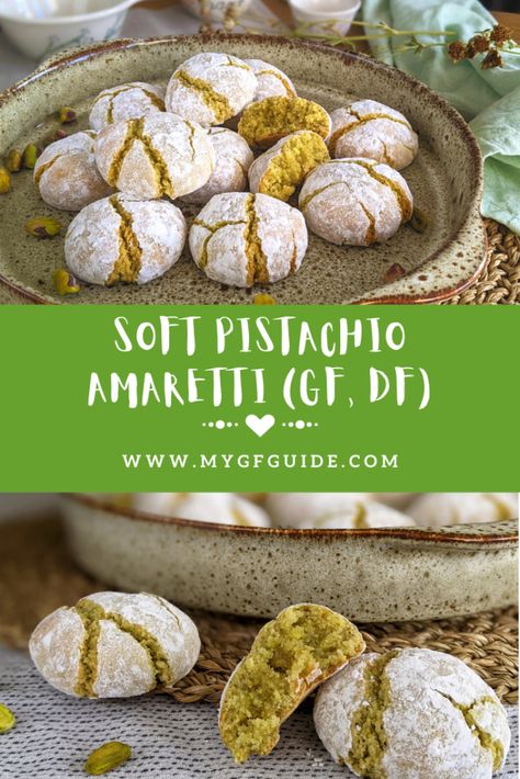 Amaretti Biscuits, Italian Biscuits, Pistachio Dessert, Almond Biscuits, Gluten Free Guide, Gluten Free Italian, Amaretti Cookies, Pistachio Cookies, Gluten Free Christmas