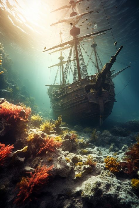 Fantasy Shipwreck, Shipwreck Photography, Shipwreck Aesthetic, Shipwreck Underwater, Shipwreck Art, Ship Sinking, Ocean Creatures Art, Underwater Shipwreck, Nautical Tattoo Sleeve