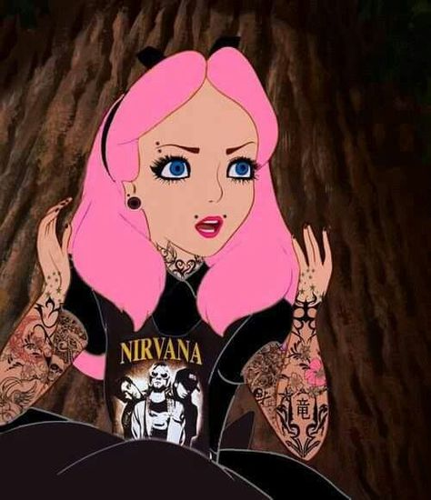 Alice in Wonderland! #Nirvana Punk Disney Characters, Gothic Disney, Emo Disney, Punk Edits, Disney Punk, Goth Disney, Punk Disney Princesses, Alternative Disney, Punk Disney