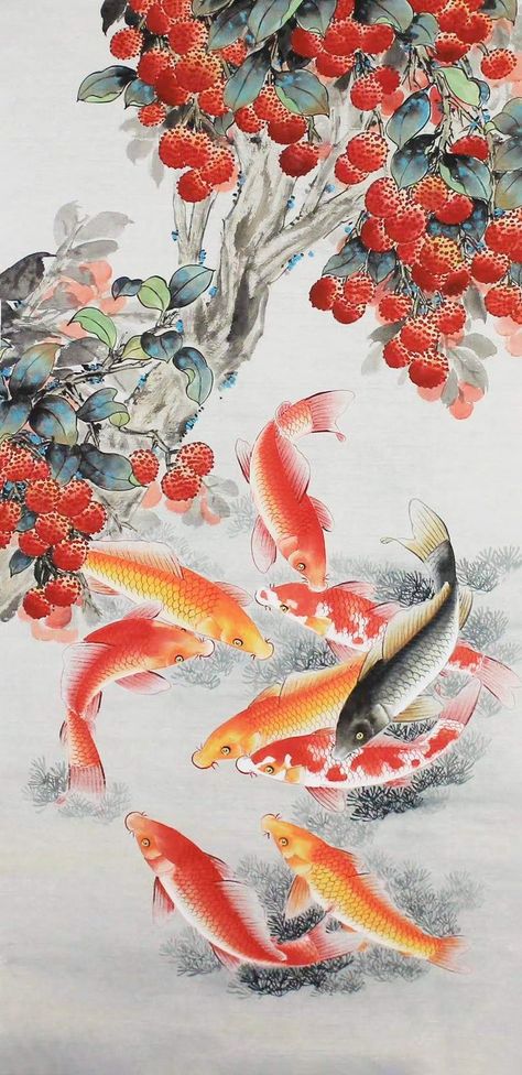 Wallpaper Koi Fish, Fengshui Painting, Gongbi Painting, Stylized Drawing, Koi Fish Art, Koi Painting, Macbook Wallpapers, Dragon Fish, Chinese Wall