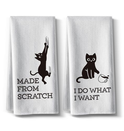 PRICES MAY VARY. Creative & Unique Design: These black cat kitchen towels with Beautifully detailed decorative Kitchen,Printed with stylish, unique and cute patterns. The new funny kitchen towels saying "MAKE FROM SCRATCH&I DO WHAT I WANT" with cat prints, can keeping tabletops and counters dry, make the kitchen look clean and tidy, liven up your kitchen level,making you giggle and bring your good mood. Very High-Quality: These Microfiber Polyester Dish Towels for kitchen are built to last long Cat Towel, Cat Themed, Kitchen Hand Towels, Kitchen Humor, Kitchen Towel Set, Cat Crafts, Kitchen Themes, Flour Sack, Linen Textile