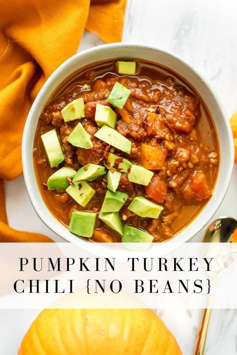 No bean pumpkin turkey chili is a healthy and hearty meal you'll keep coming back to all fall long! It's easy to make in one pot or the slow cooker and is delicious with avocado on top! #chili #pumpkin #pumpkichili #paleochili #paleorecipe #turkey #nobean #slowcooker #onceuponapumpkin Pumpkin Chili No Beans, Chili Pumpkin, Pumpkin Turkey Chili, Chili No Beans, Gluten Free Pumpkin Recipes, Turkey Pumpkin Chili, Butternut Recipes, Pumpkin Chili Recipe, Life Made Simple