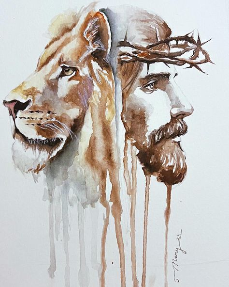 I’m so proud of this one 🥹 The Lion of Judah If anyone wants to purchase this painting please let me know. It was in the spur of the moment but I would be happy to sell it if anyone wants it. #christianart #watercolor #jesus Jesus Painting Canvases, Jesus Watercolor Painting, Lion Watercolor Painting, Jesus Art Drawing, The Lion Of Judah, Lion Of Judah Jesus, Lion And Lamb, Lion Painting, Bible Illustrations