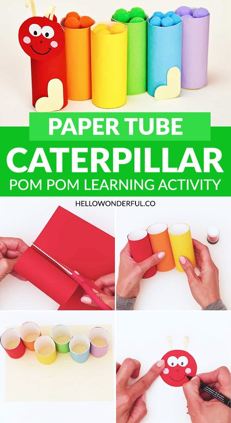 This adorable Paper Tube Caterpillar Pom Pom Learning Activity is a great craft for teaching your child their colors #hellowonderful Paper Roll Crafts For Kids, Cardboard Tube Crafts, Hungry Caterpillar Craft, Preschool Color Activities, Paper Towel Crafts, Caterpillar Craft, Roll Craft, Baby Play Activities, Fun Fall Activities