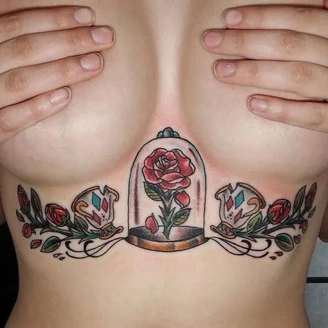 Beauty And The Beast Rose Tattoo, The Beast Tattoo, Beast Tattoo, Beauty And The Beast Tattoo, Underboob Tattoo, Epic Tattoo, Disney Tattoo, Gorgeous Tattoos, Sternum Tattoo