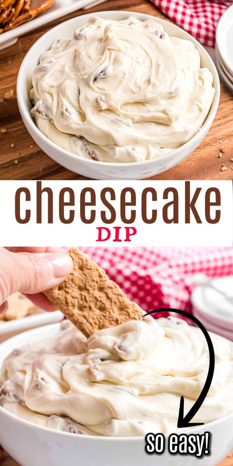 Is it a cheesecake? Is it a dip? It's both! Cheesecake Dip brings all the taste of good cheesecake to a creamy dessert dip. Served with cookies, fruit, or Graham crackers, this recipe will rock your next dessert bar! Cheesecake Cream Cheese Dip, Cheesecake Cool Whip Dip, Cream Cheese Graham Cracker Dip, Dips To Go With Vanilla Wafers, Dessert Using Graham Crackers, Sweet Dip For Graham Crackers, Cinnamon Roll Cheesecake Dip, Cream Cheese Dip For Cookies, Cool Whip Dip Graham Crackers