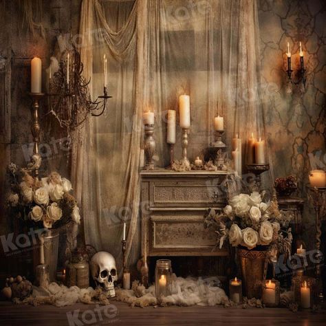 Kate Halloween Retro Spooky Backdrop Designed by Emetselch Spooky Backdrop, Halloween Picnic, Candle Backdrop, Brick Backdrops, Victorian Halloween, Halloween Photo Booth, Garden Backdrops, Halloween Backdrop, Halloween Retro