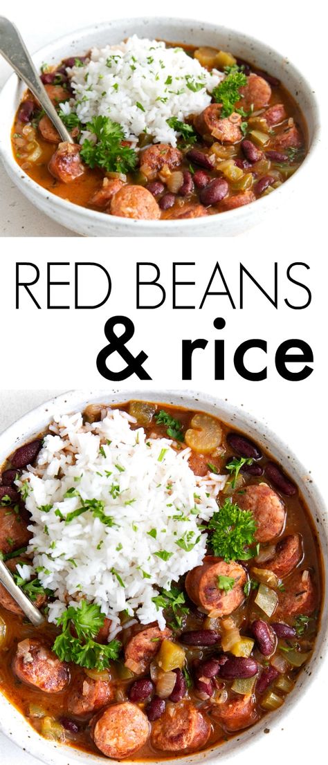 Easy Red Beans and Rice Recipe - A faster version of traditional Creole red beans and rice, this hearty recipe is made with smoked sausage, red kidney beans, and vegetables such as onion, celery, and green bell pepper. Filled with the same bold and delicious Cajun flavors as traditional red beans and rice, the whole family will love this comforting Louisiana classic. Easy Red Beans And Rice Recipe, Easy Red Beans And Rice, Kidney Beans Recipe, Red Beans And Rice Recipe Easy, Cookies Banane, Red Beans N Rice Recipe, Red Beans And Rice Recipe, Red Beans Rice, Beans And Sausage