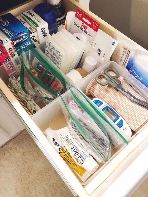 home first aid kit drawer organization Bathroom First Aid Organization, First Aid Drawer, First Aid Drawer Organization, At Home First Aid Kit, Medication Drawer Organization, First Aid Organization Ideas, First Aid Storage Ideas, First Aid Organization Storage, First Aid Kit Aesthetic