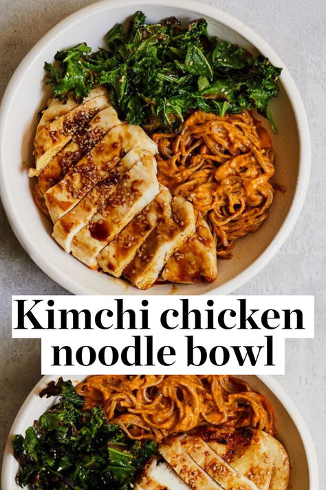 These noodles are by no means authentic, but there’s something about spicy, sour kimchi that works really well with cheese. Here it’s blended with cream cheese to make a smooth sauce for noodles and served with grilled chicken, sesame seeds and a drizzle of soy sauce. Korean Recipes Kimchi, Recipes With Kimchi Healthy, Kimchi Dinner Ideas, Kimchi Meatballs, Recipes With Kimchi, Quick Chicken Noodle Soup, Kimchi Sauce, Chicken Noodle Bowl, Kimchi Chicken