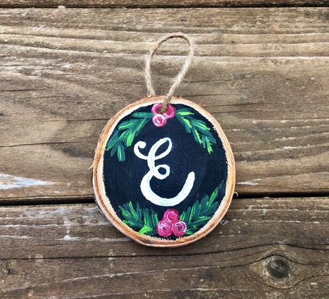 Etsy Ornaments, Monogram Ornaments, Painted Monogram, Christmas Tree Wood, Monogrammed Christmas Ornaments, Hand Painted Monogram, Wood Slice Decor, Monogram Painting, Wood Slice Crafts